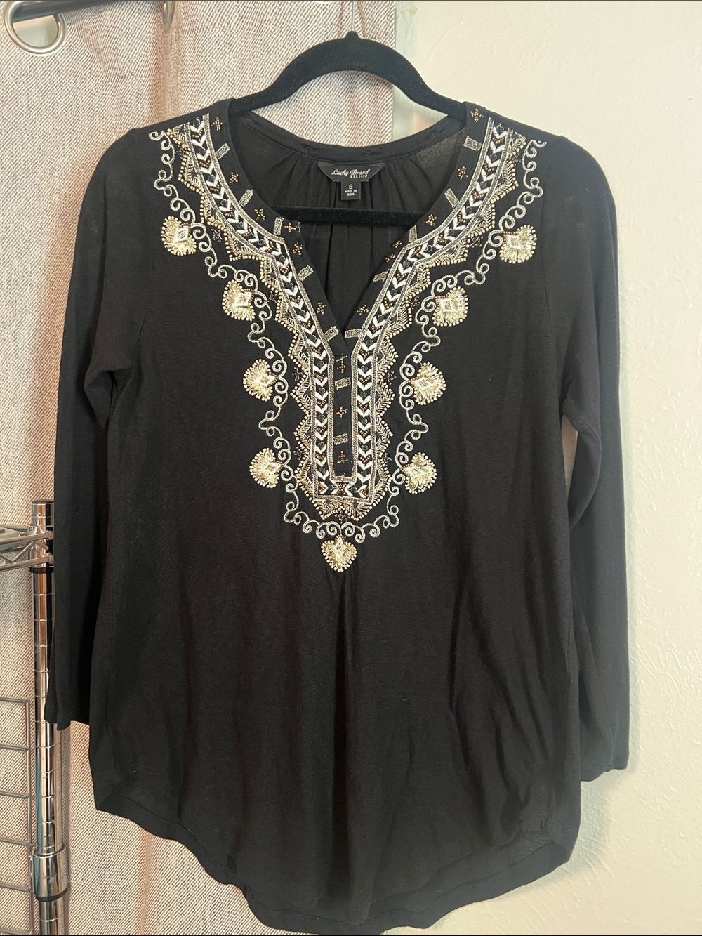 Lucky Brand Black Tunic with Gold & Cream Embroidery